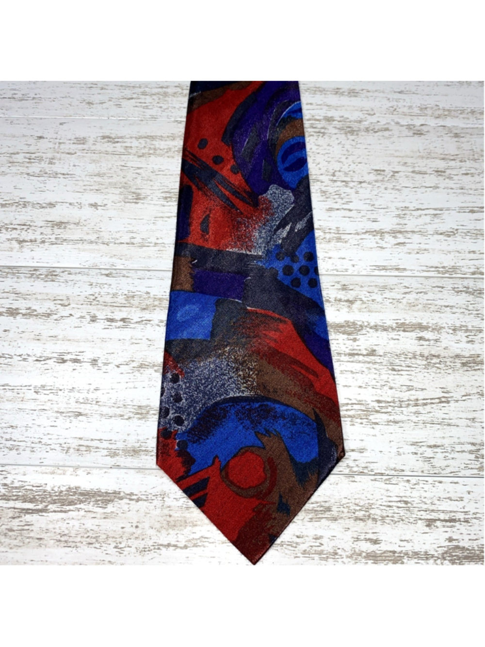 Vintage Thai Silk Necktie Handmade Abstract Art Red Blue Brown Tie